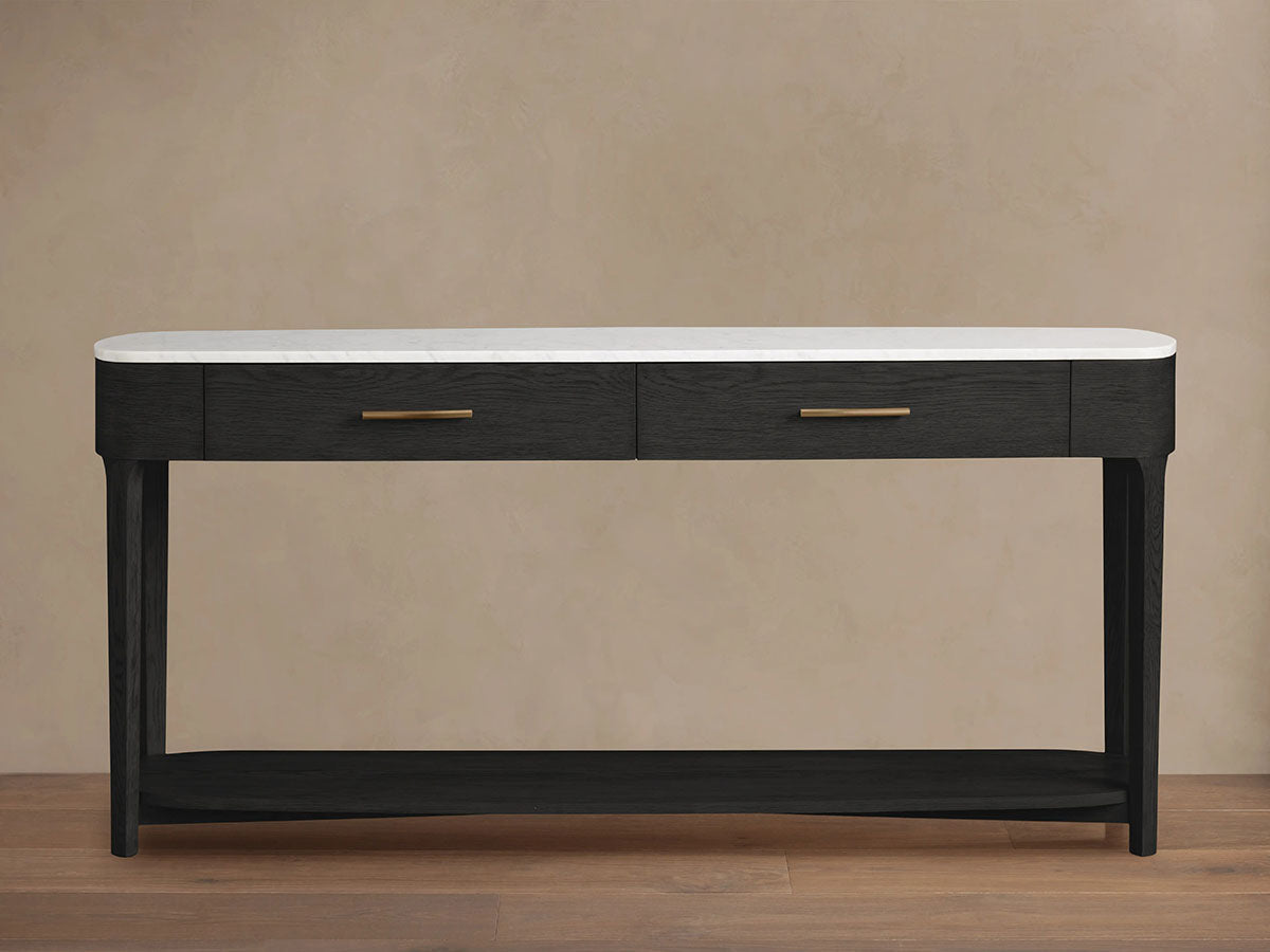 Danny Marble Top Entryway Console Table wtih Storage Drawers Brass Hardware Solid Oak Wood Hallway Entrance Table