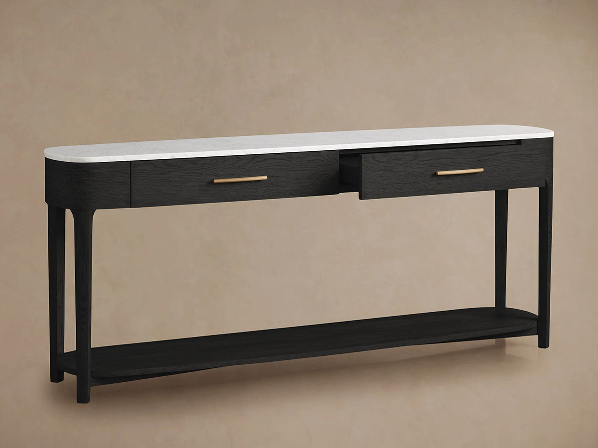 Danny Marble Top Entryway Console Table wtih Storage Drawers Brass Hardware Solid Oak Wood Hallway Entrance Table
