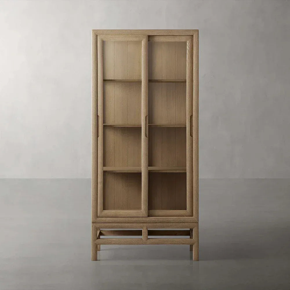 Avenue Ash Wood Tall Display Cabinet with Glass Doors Living Side Cabinet