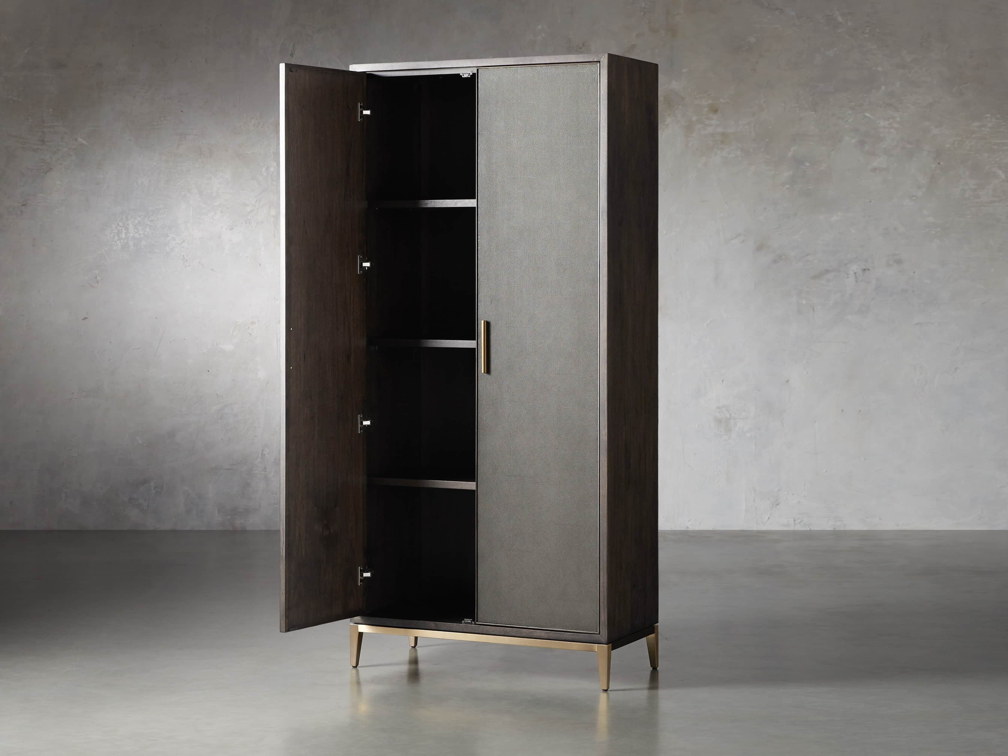 Malone Wood Storage Tall Display Cabinet Double Door Offers Bookcase with Leather Insets