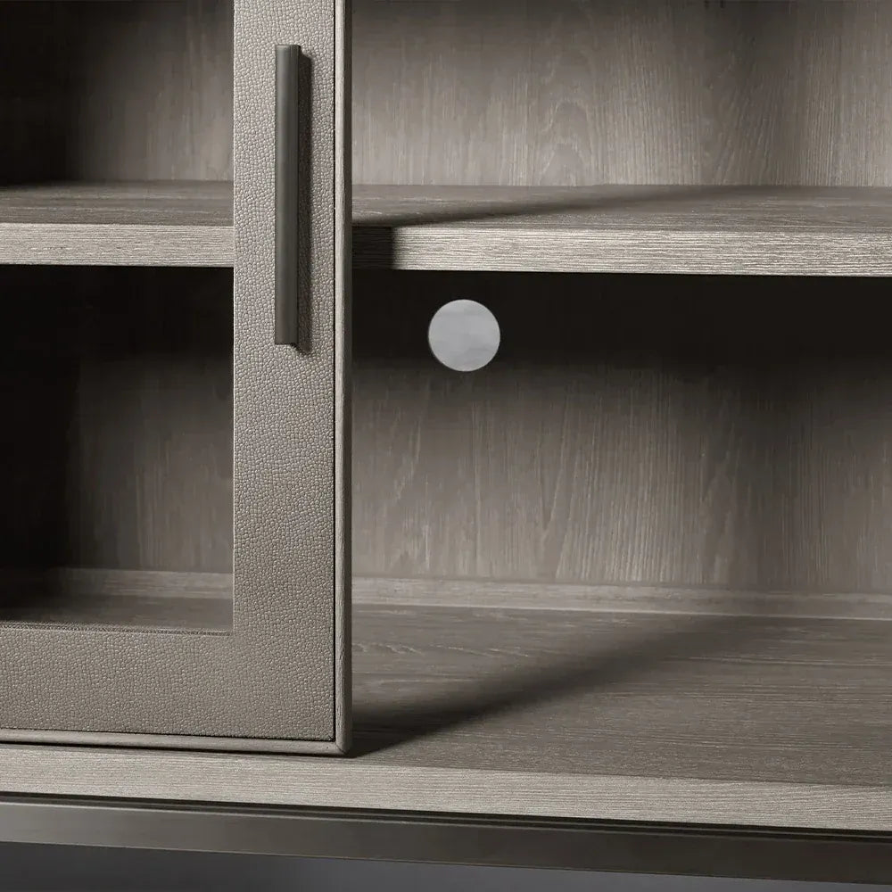 Malone Two-Door Glass Buffet Sideboard Wood Living Entrance Cabinet with Shagreen-Pattern Leather