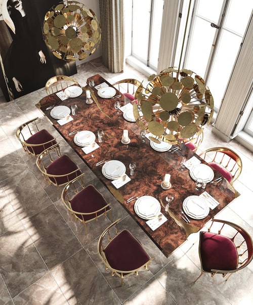 Nº 11 Burgundy Velvet Polished Gold Surrealist Dining Chair