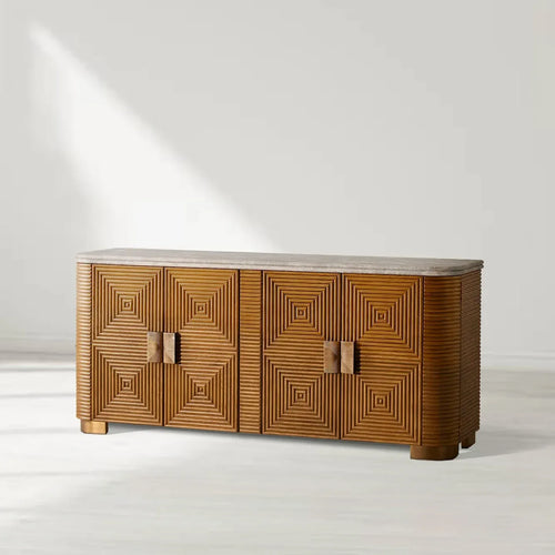 Kensley Grey Emperador Marble Sideboard Wood Buffets Storage Cabinet