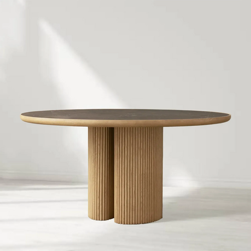 Astor Round Natural Marble Top Dining Table Oak Wood Base
