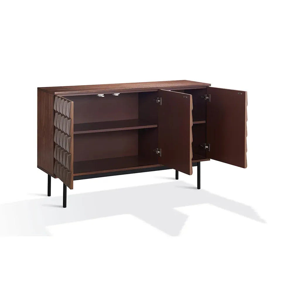Arden 3D Textured Walnut Sideboard Buffet Cabinet Wood Living Room Storage Cabinet With Black Metal Legs