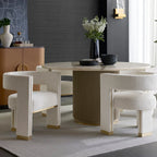Canodi Polished Cream Marble Stone Top Dining Table with Wood Fluted Base