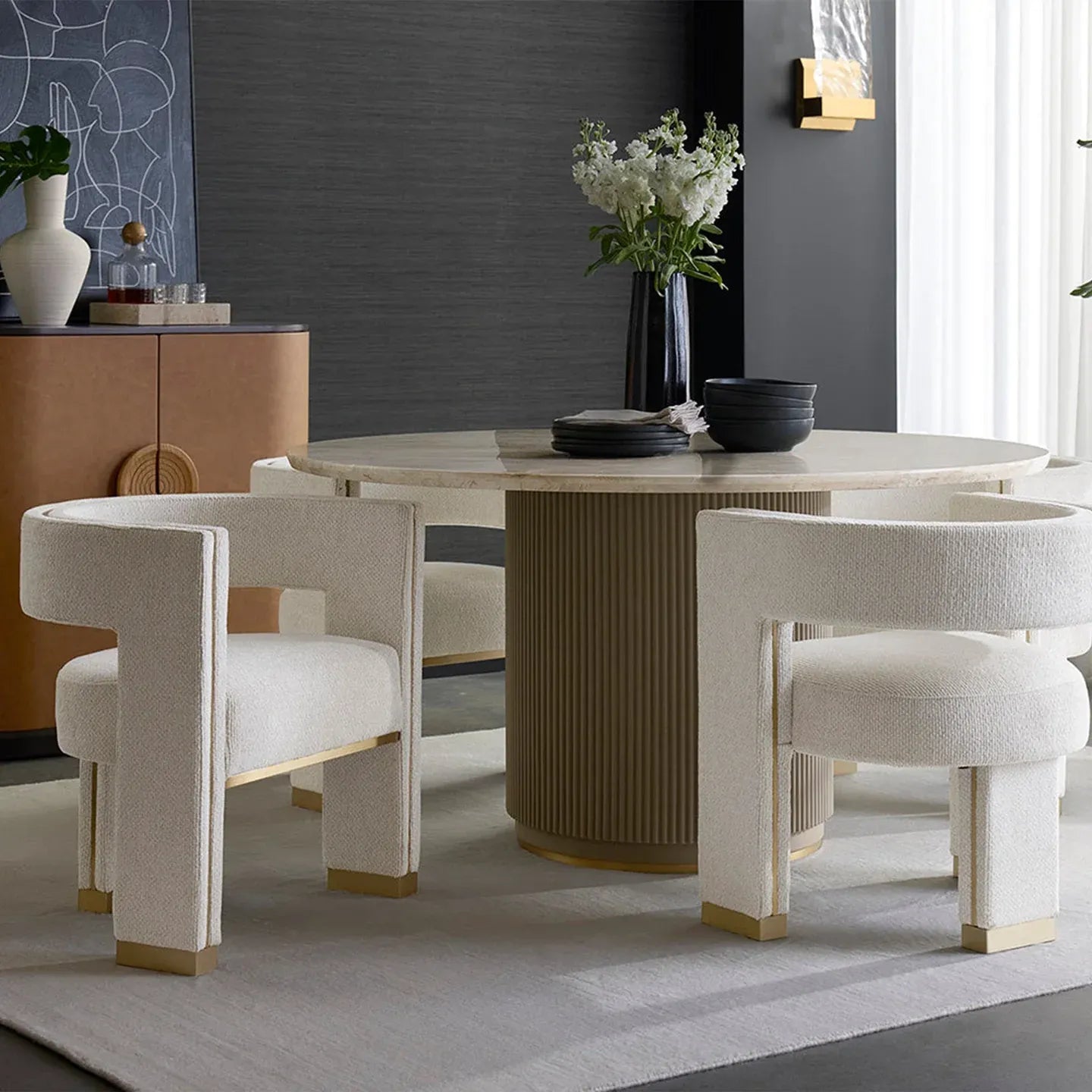 Canodi Polished Cream Marble Stone Top Dining Table with Wood Fluted Base