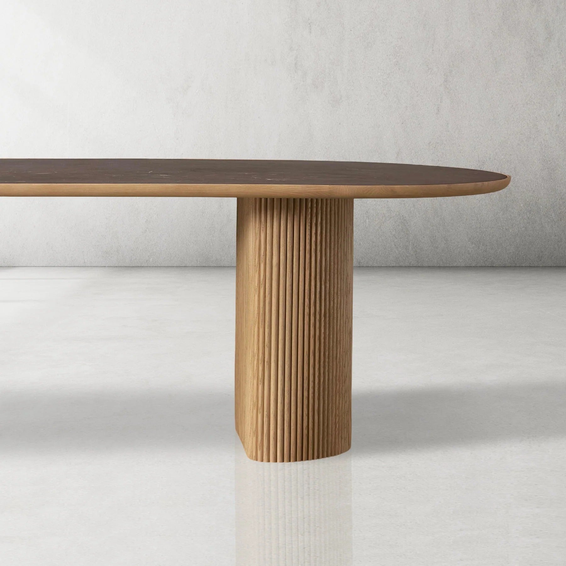 Astor Stone Inlay Top Dining Table with Wood Handcrafted Reeded Detailing Base