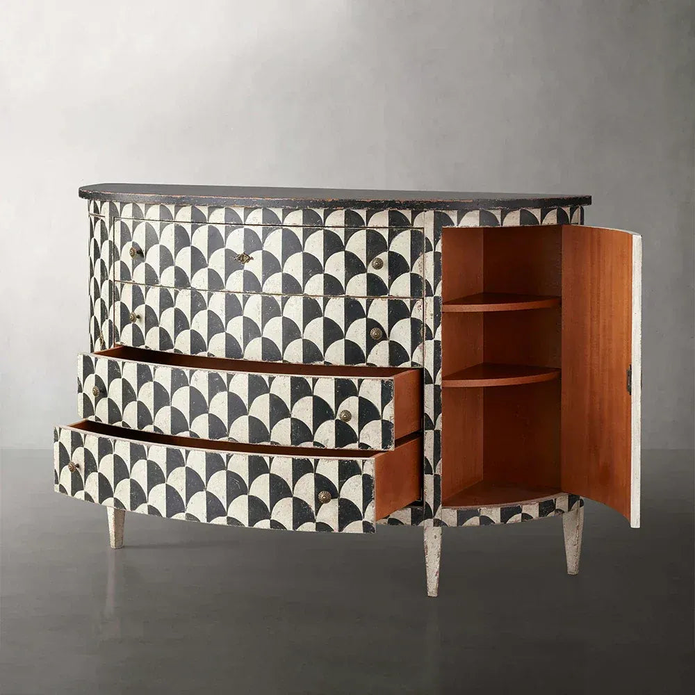 Andretta Pappelholz-Schrank/Sideboard im modernen Wohnstil mit schwarz-weißem geometrischem Muster