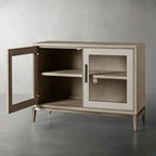 Malone Two-Door Glass Buffet Sideboard Wood Living Entrance Cabinet with Shagreen-Pattern Leather