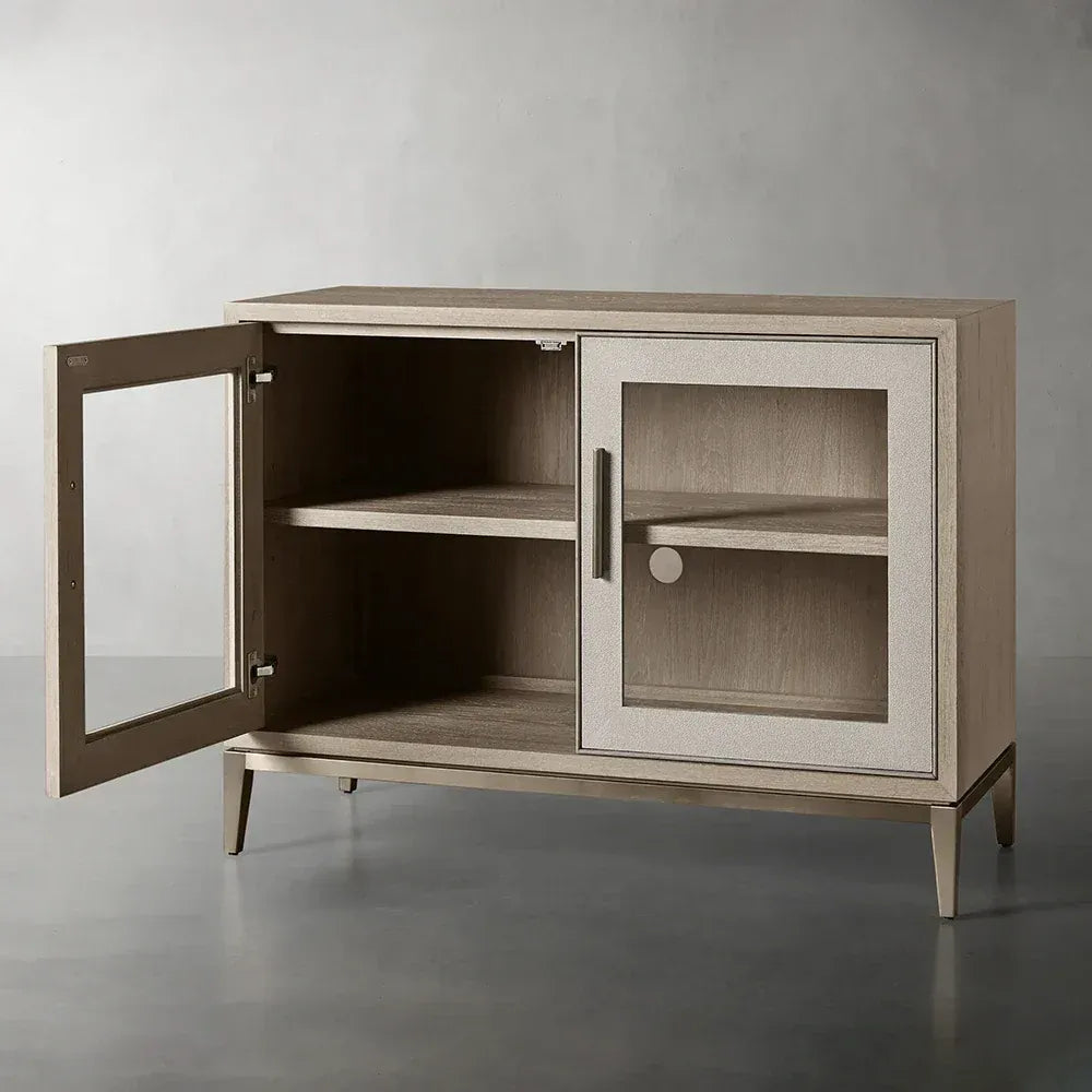 Malone Two-Door Glass Buffet Sideboard Wood Living Entrance Cabinet with Shagreen-Pattern Leather