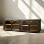 Hattie Media Console with Solid Oak Wood TV Stand Cabinet Arched Glass Modern Television Storage Side Unit