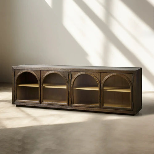 Hattie Solid Oak Media Console TV Stand with Arched Cabinet Design
