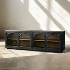 Hattie Media Console with Solid Oak Wood TV Stand Cabinet Arched Glass Modern Television Storage Side Unit