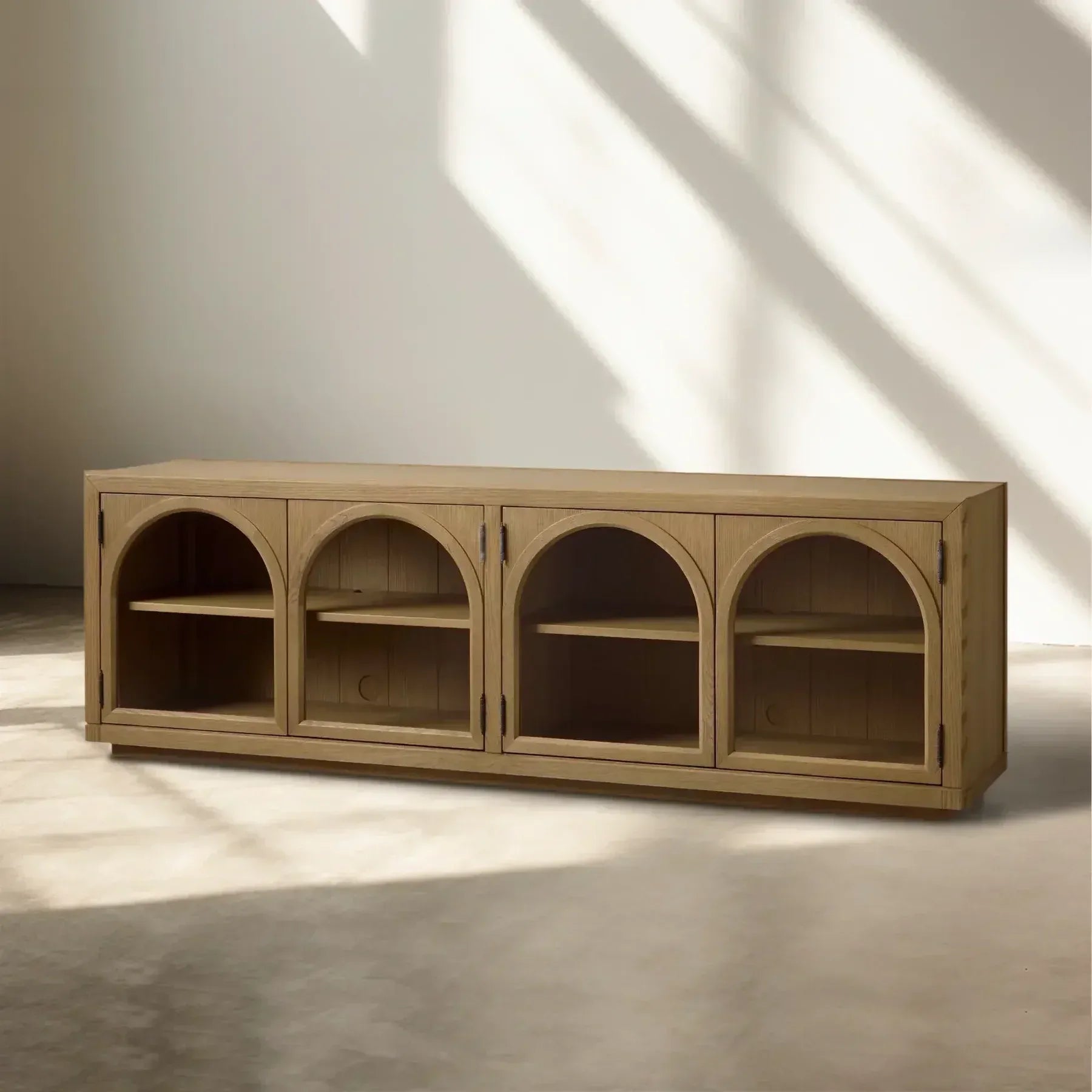 Hattie Media Console with Solid Oak Wood TV Stand Cabinet Arched Glass Modern Television Storage Side Unit