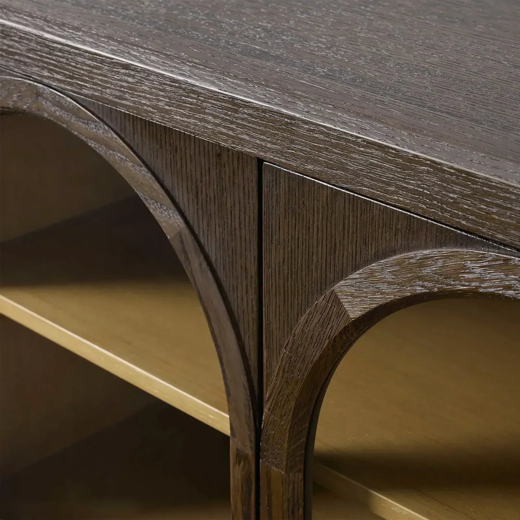 Hattie Media Console with Solid Oak Wood TV Stand Cabinet Arched Glass Modern Television Storage Side Unit