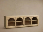 Hattie Media Console with Solid Oak Wood TV Stand Cabinet Arched Glass Modern Television Storage Side Unit