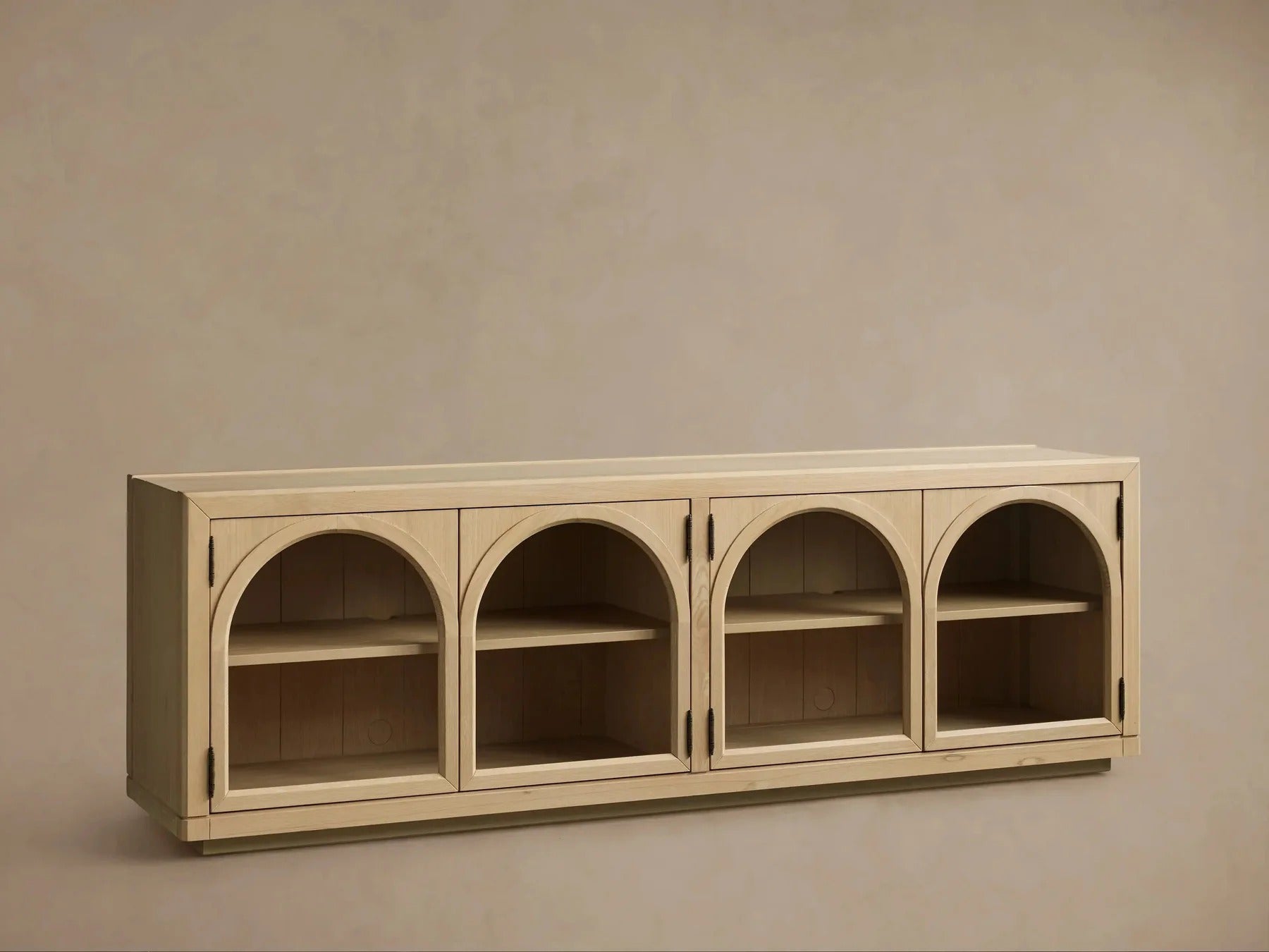 Hattie Media Console with Solid Oak Wood TV Stand Cabinet Arched Glass Modern Television Storage Side Unit
