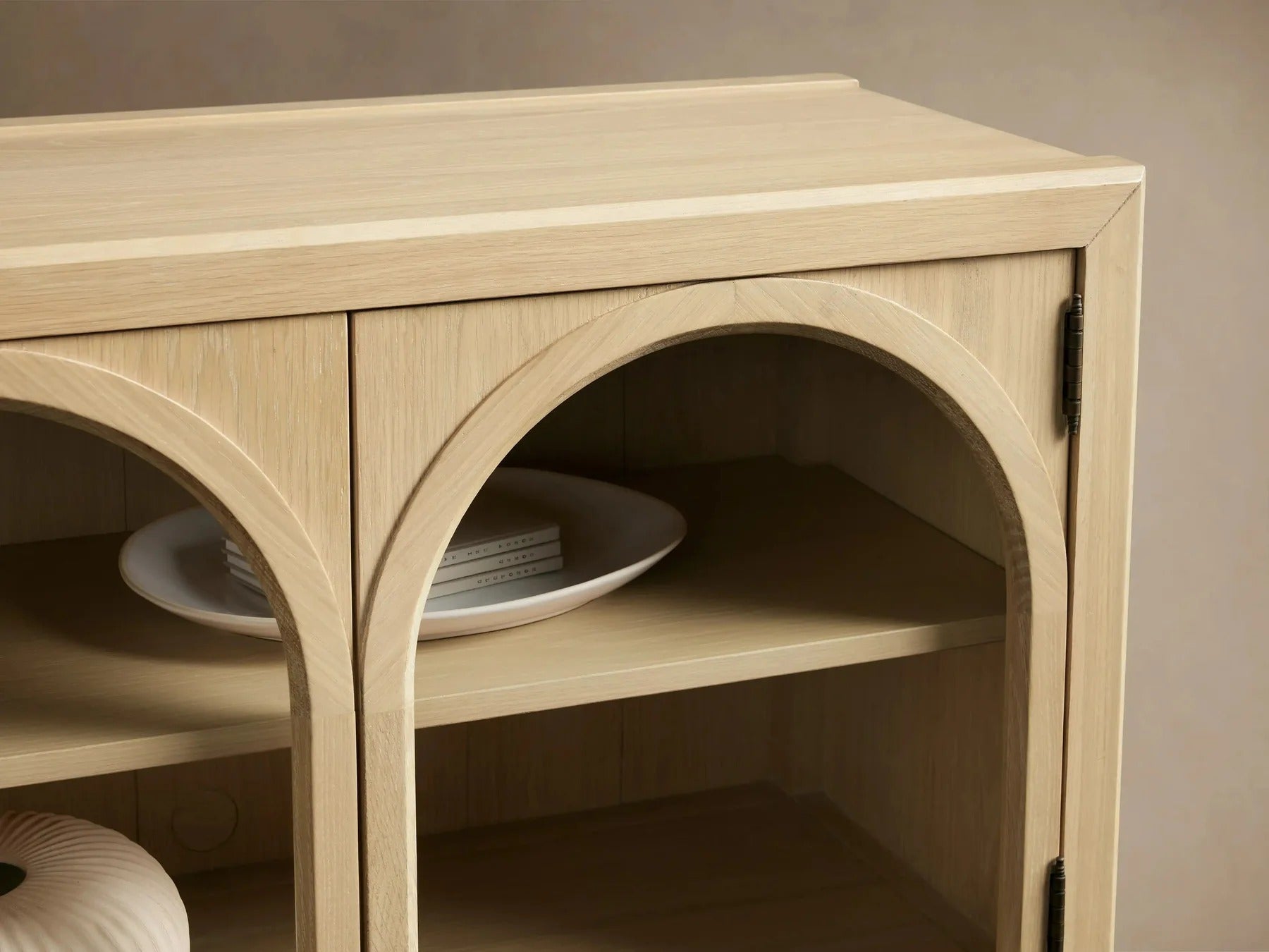 Hattie Media Console with Solid Oak Wood TV Stand Cabinet Arched Glass Modern Television Storage Side Unit