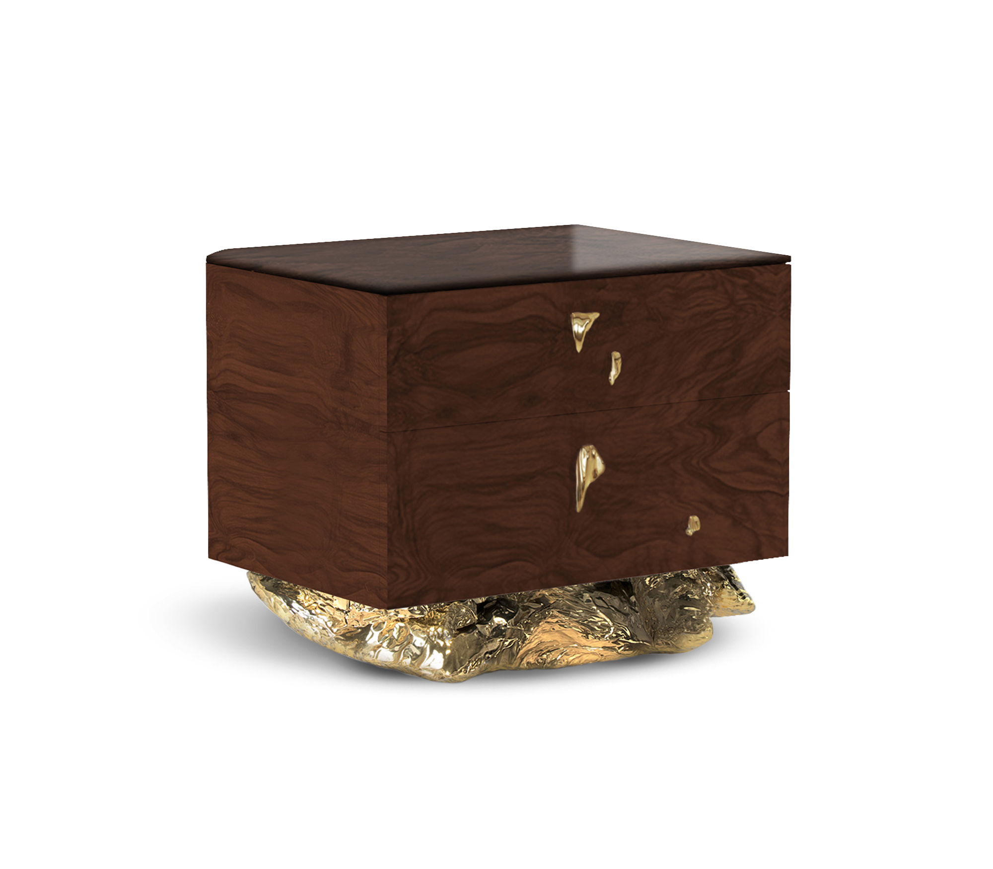 Angra Small Walnut Root Organic Gold Base Luxury Nightstand