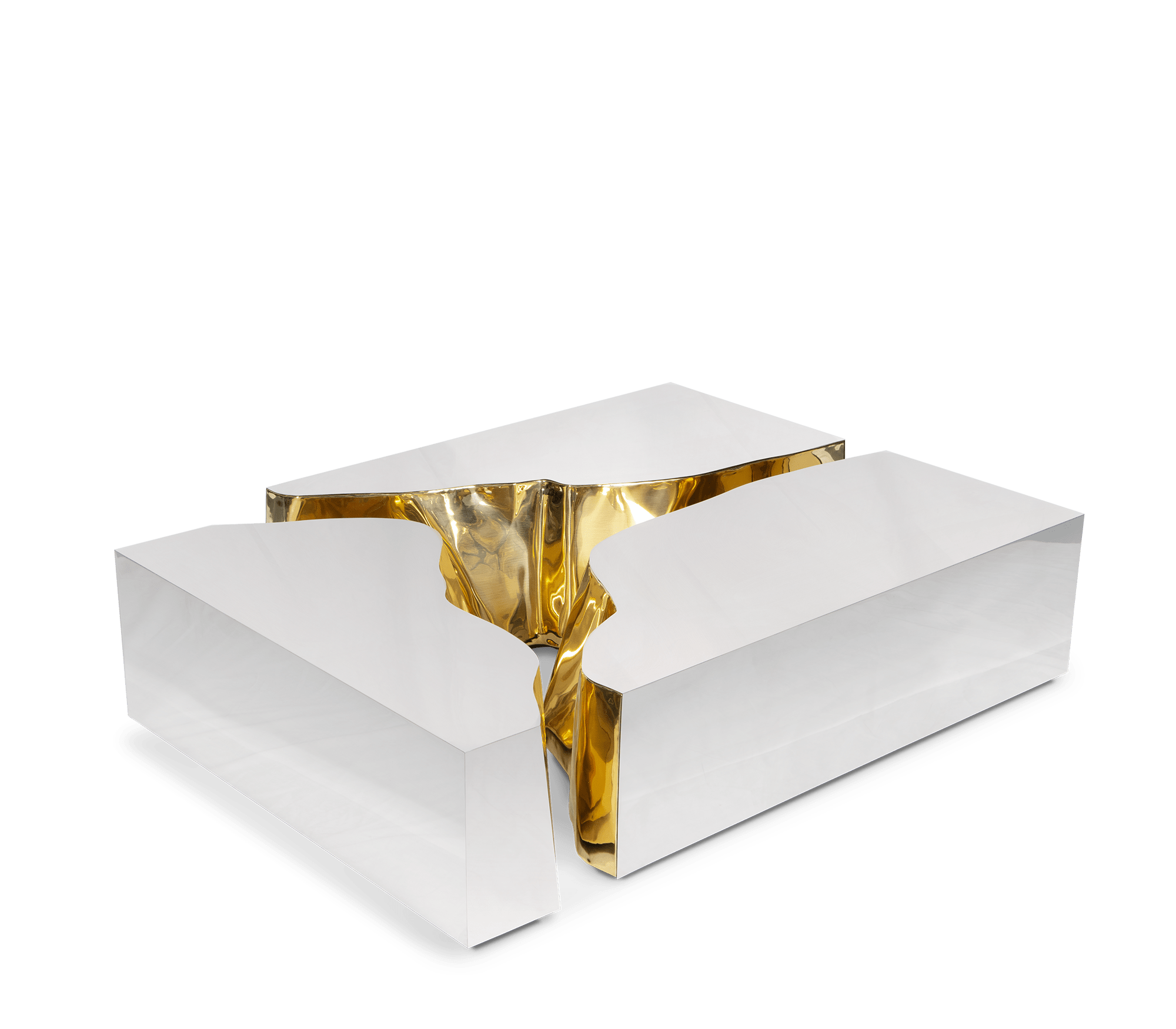 Luxury Coffee Table with Cracked Brass Sculptural Base & Smoked Glass Top