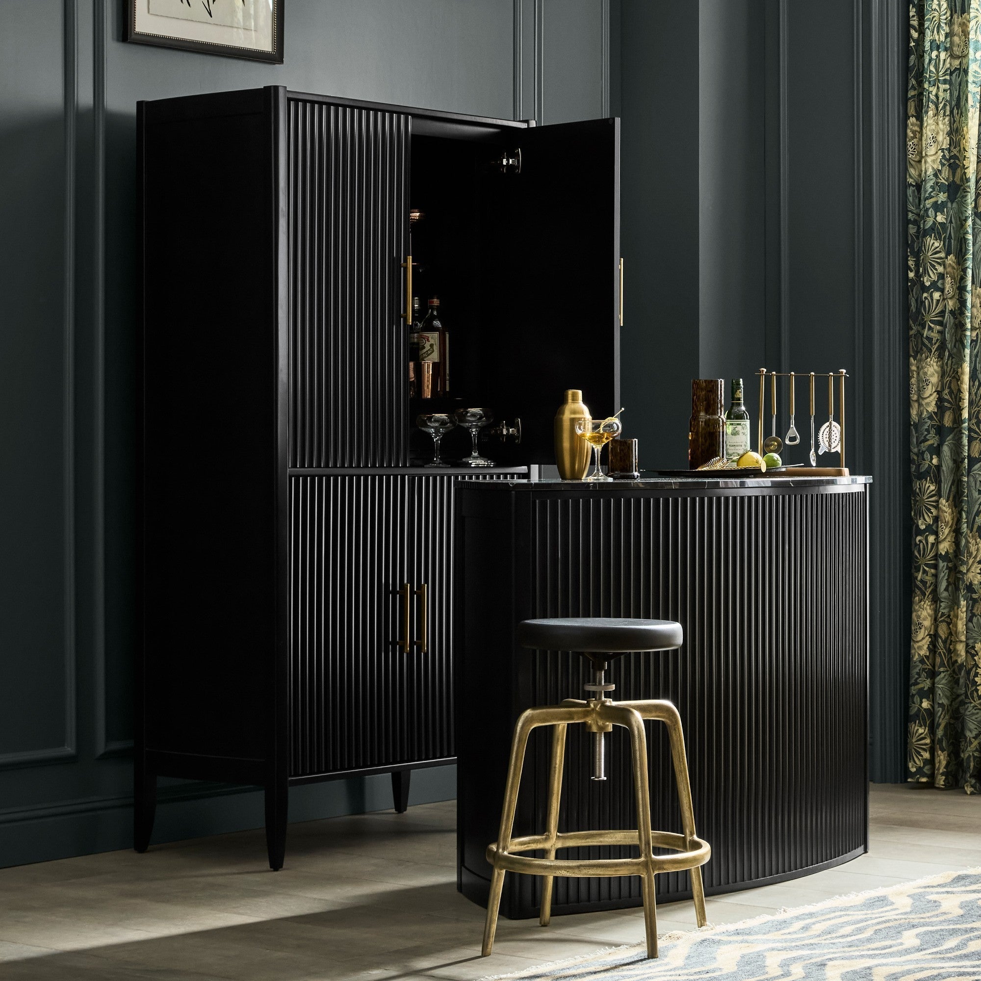 Louis Wood Bar Wine Cabinet Constructivist-Inspired Buffet Sideboard Built-in Stemware Rack