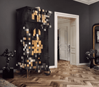 Luxury Display Cabinet with Geometric Pixel Design, Glass Shelves & Storage