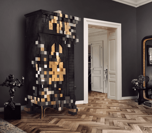 Luxury Display Cabinet with Geometric Pixel Design, Glass Shelves & Storage