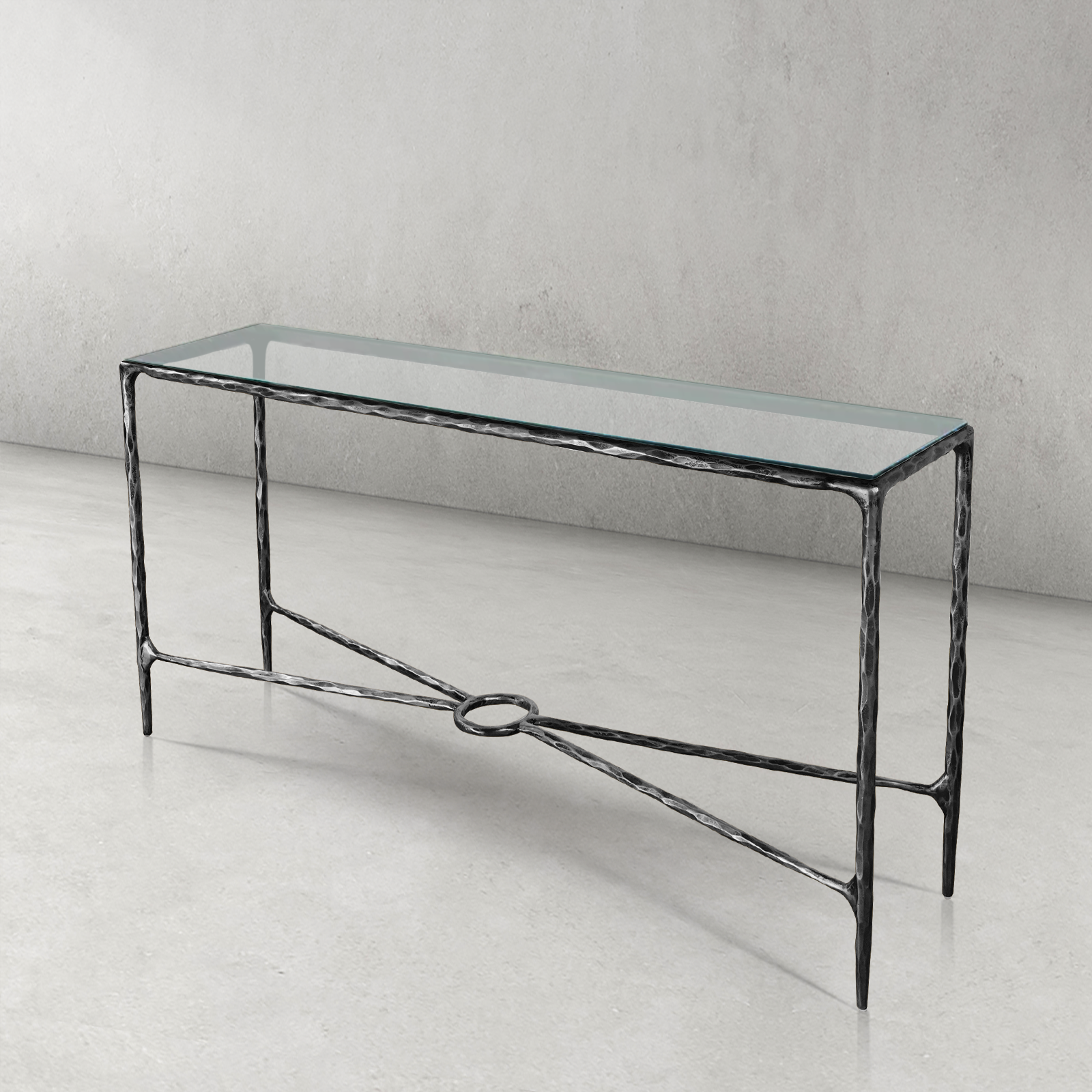 Thaddeus Metal Rectangle Glass Console Table Hand-Forged Style O & X Entryways Entrance Table