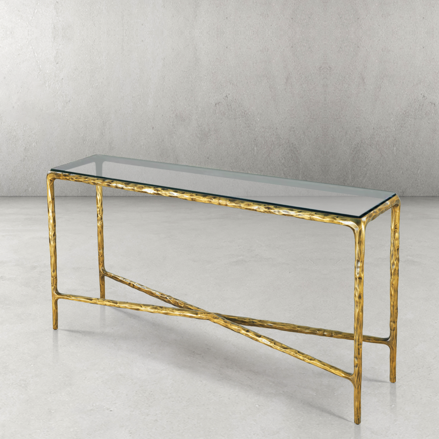 Thaddeus Metal Rectangle Glass Console Table Hand-Forged Style O & X Entryways Entrance Table
