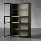French Vintage Factory Tall Display Cabinet with Tempered Glass Doors Wood Living Side Cabinet Bookcase