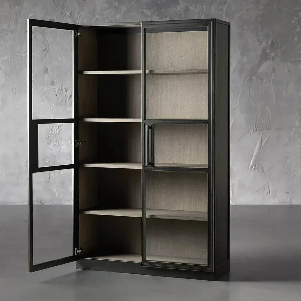 French Vintage Factory Tall Display Cabinet with Tempered Glass Doors Wood Living Side Cabinet Bookcase
