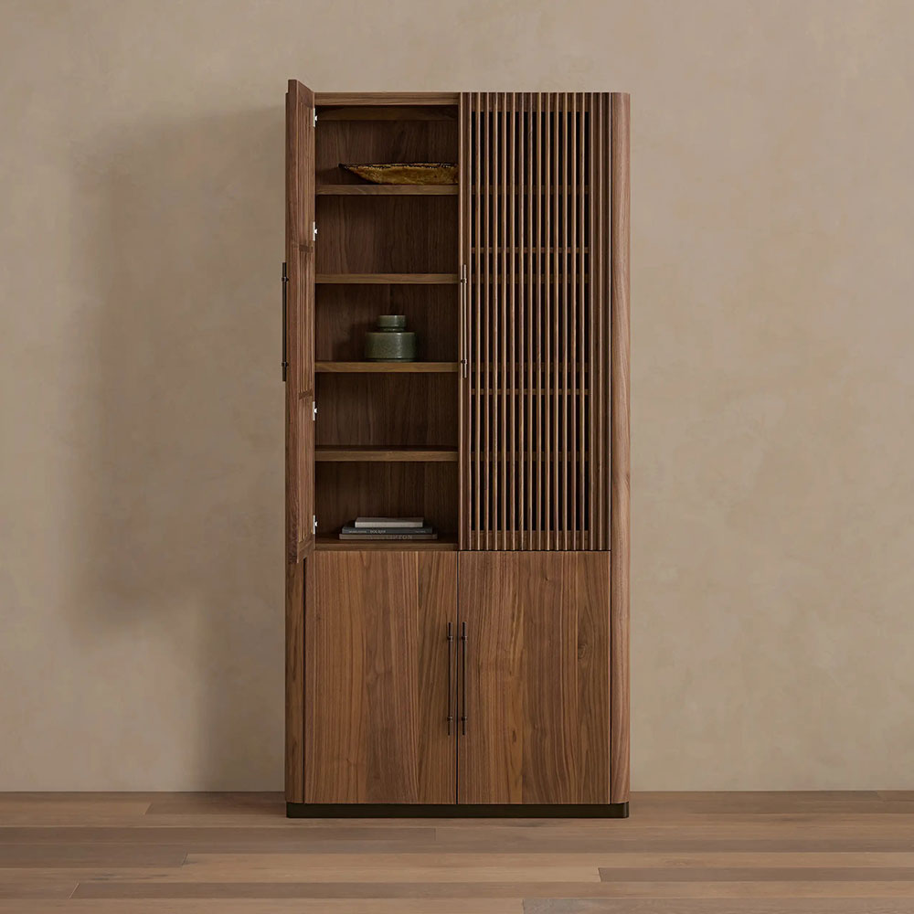 Piermont Modulares, geriffeltes Hochregal-Bücherregal aus schwarzem Nussbaum mit bronzefarbenem Sockel