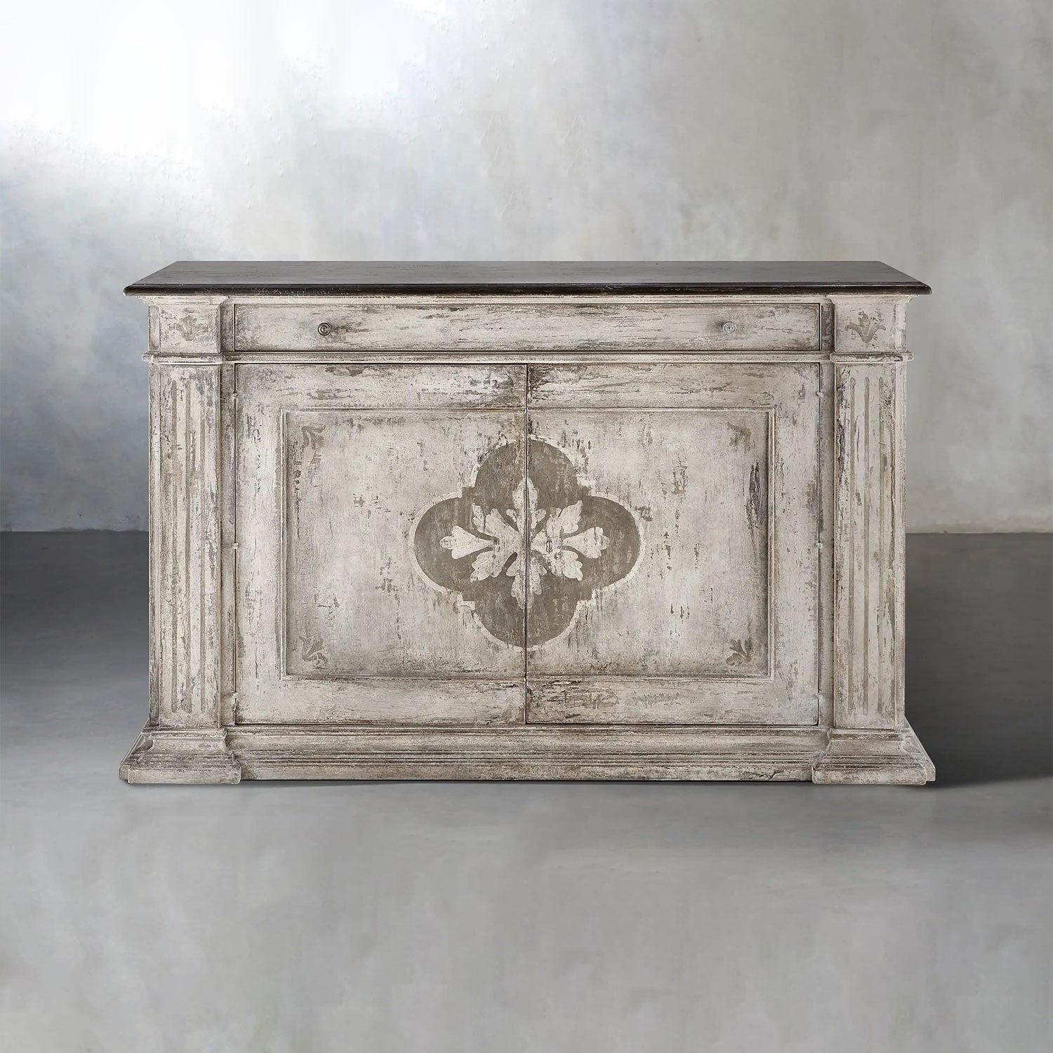 Messina Center Floral Bell'Arte Buffet Sideboard Wood Distressed Entryways Cabinet