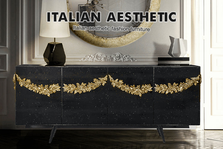 Luxury Black Sideboard Buffet Cabinet with Floral Carved Details & Storage