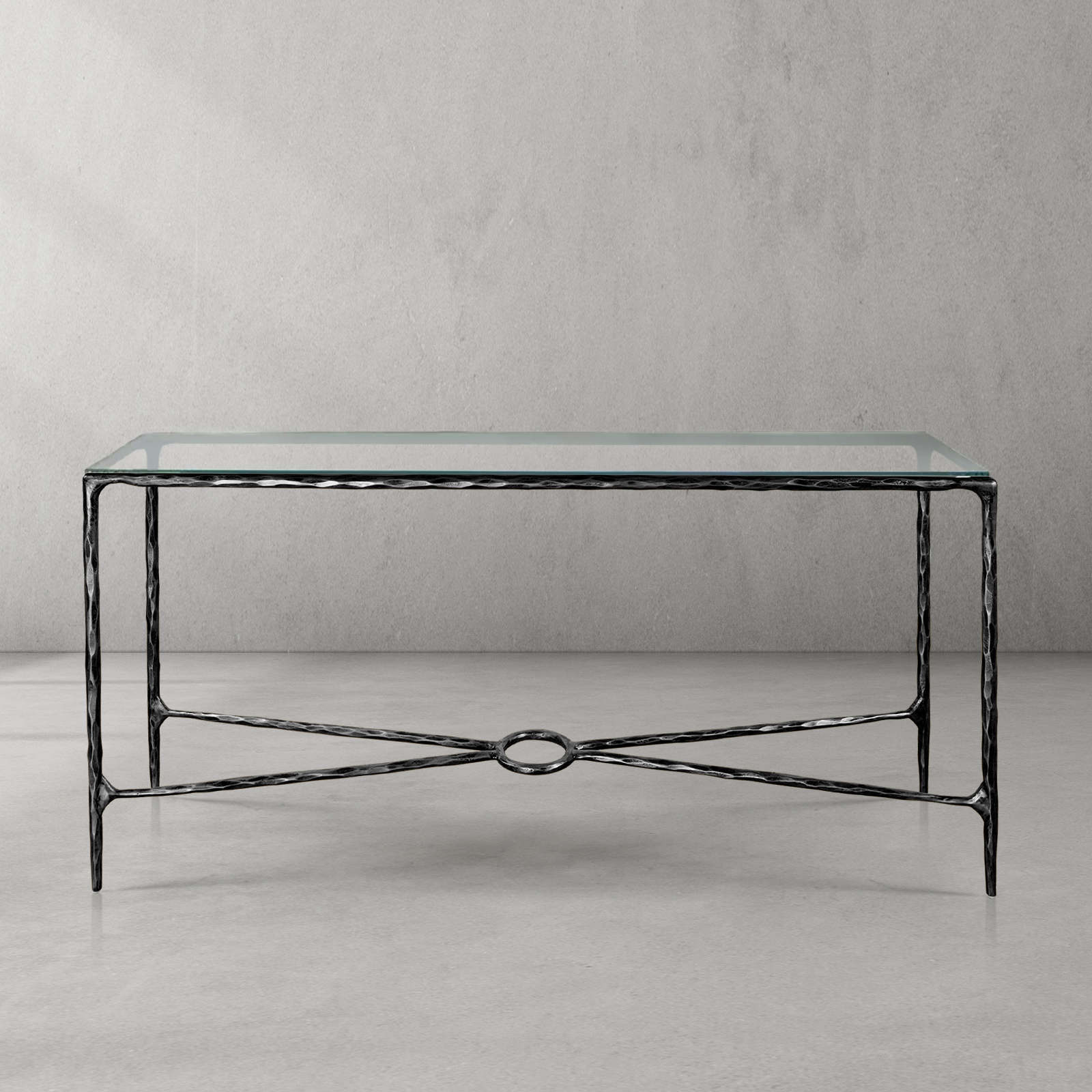 Thaddeus Metal Rectangle Glass Console Table Hand-Forged Style O & X Entryways Entrance Table