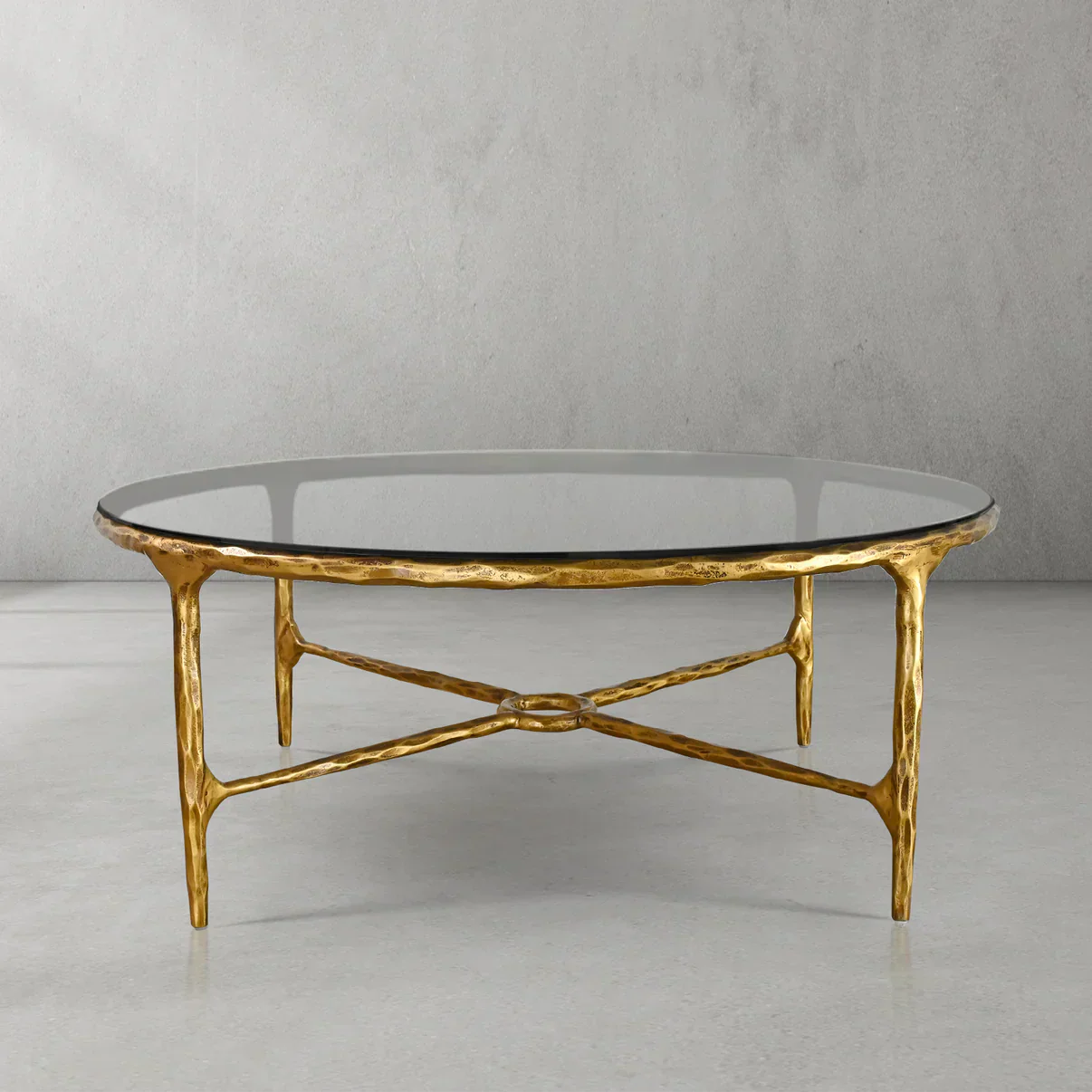Thaddeus Metal Glass Round Coffee Table Hand-Forged Style O & X Living Sofa Center Tea Table