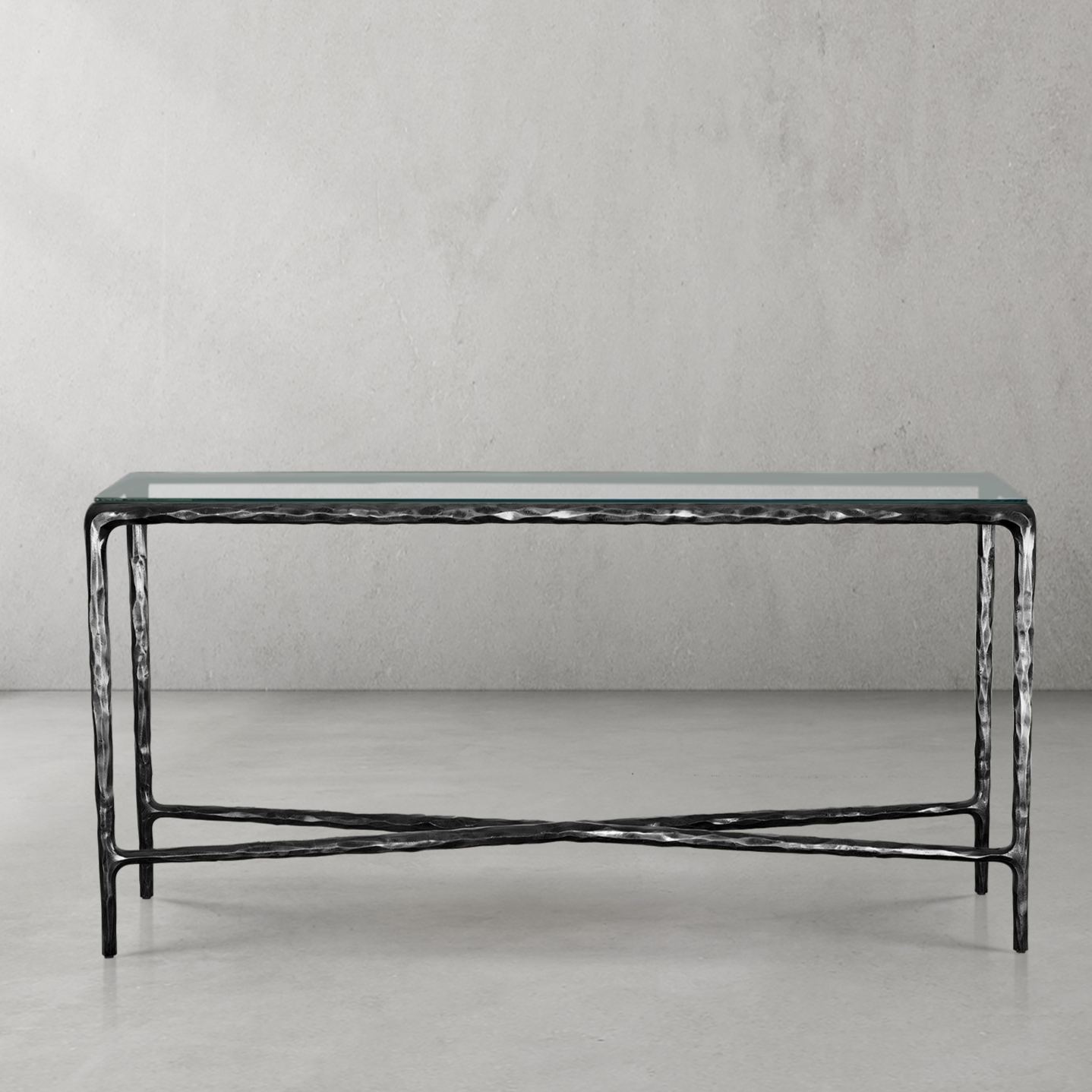 Thaddeus Metal Rectangle Glass Console Table Hand-Forged Style O & X Entryways Entrance Table