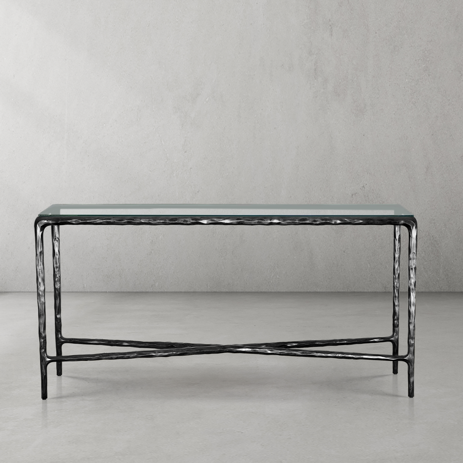 Thaddeus Metal Rectangle Glass Console Table Hand-Forged Style O & X Entryways Entrance Table