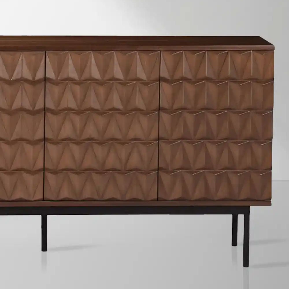 Arden 3D Textured Walnut Sideboard Buffet Cabinet Wood Living Room Storage Cabinet With Black Metal Legs